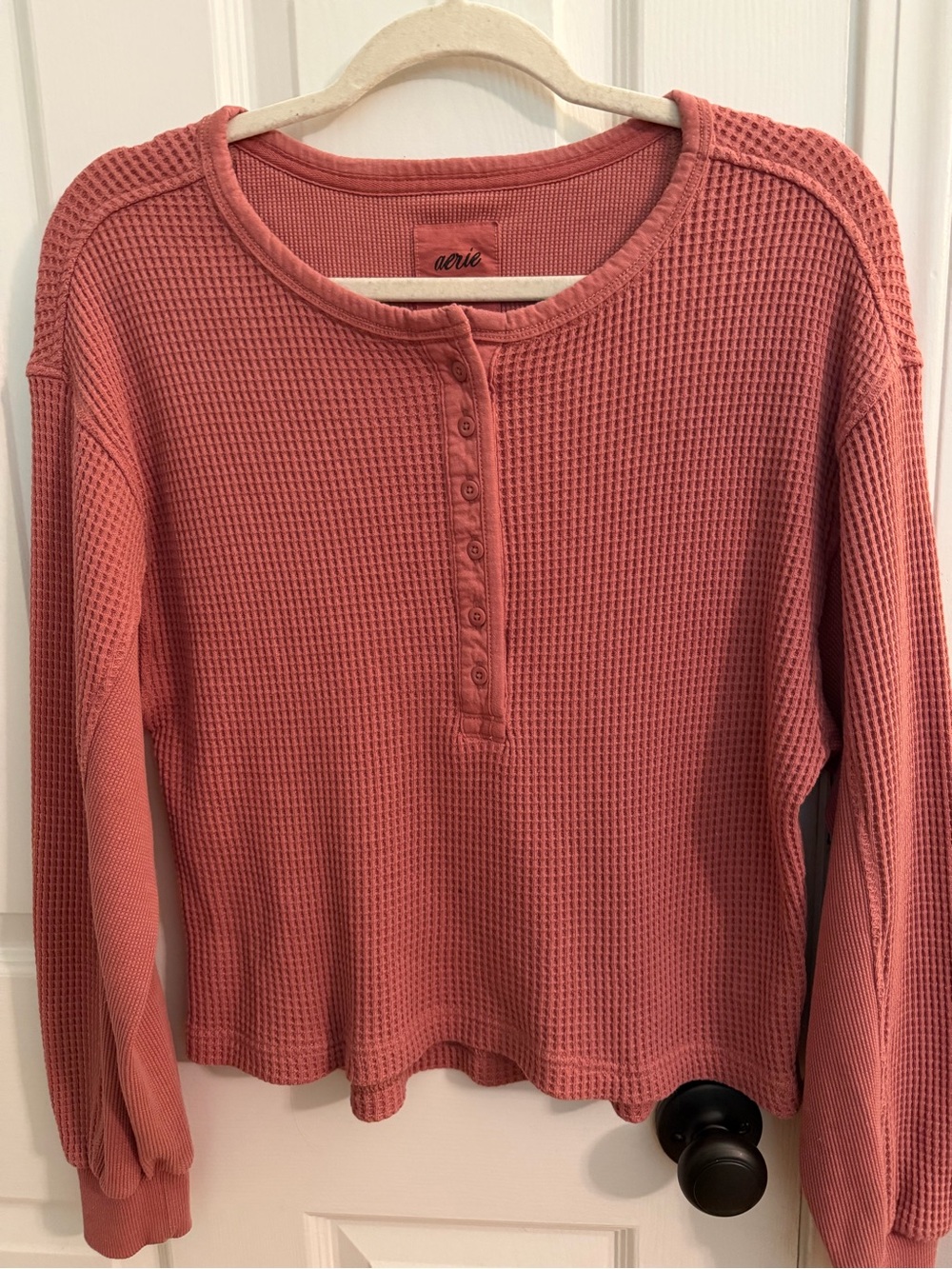 aerie Waffle Henley Long Sleeve Top - Coral